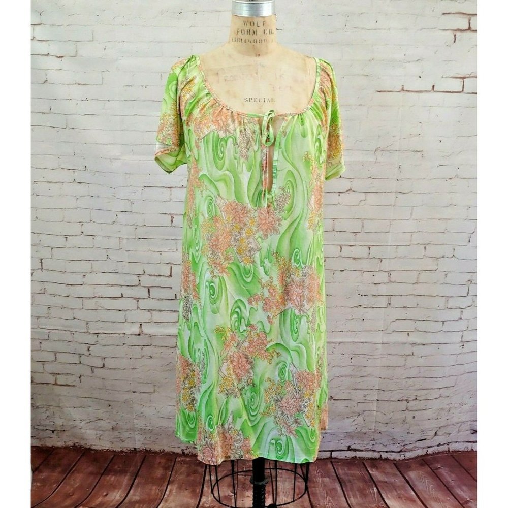 Vintage 70s 80s Green Floral Nightgown Sheer See Through One Size Fits Most